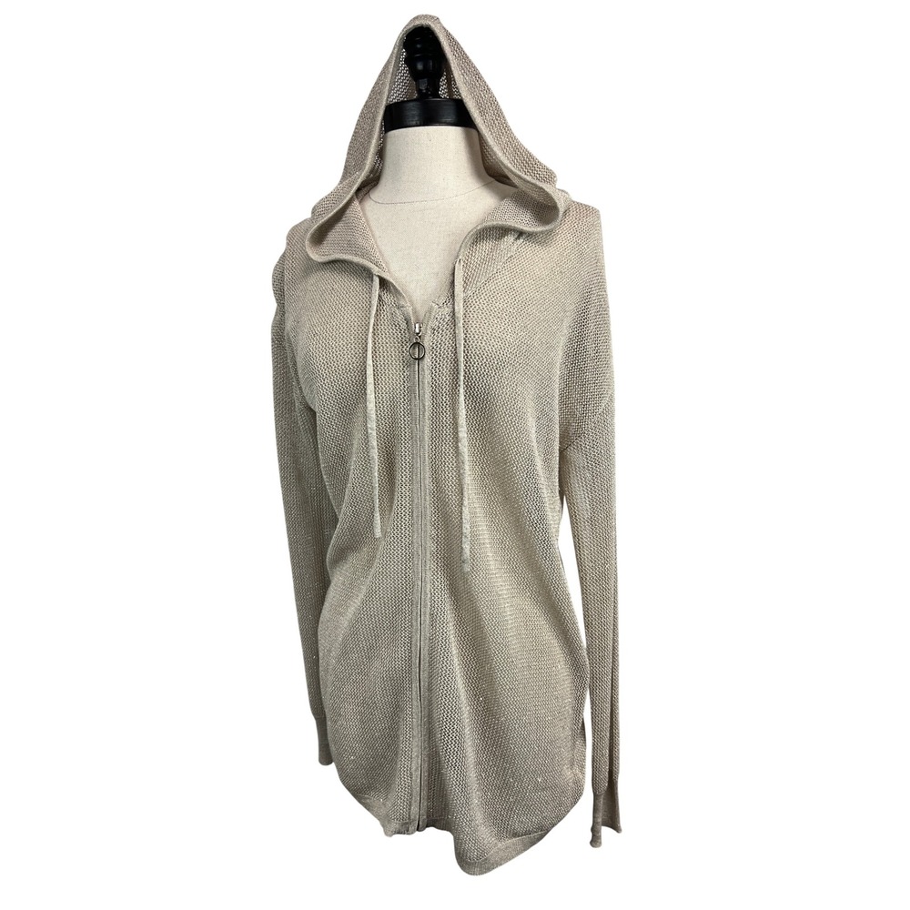 Frank Lyman Zip Up Hoodie‎ Women Medium Champagne Gold Excellent Metallic Knit